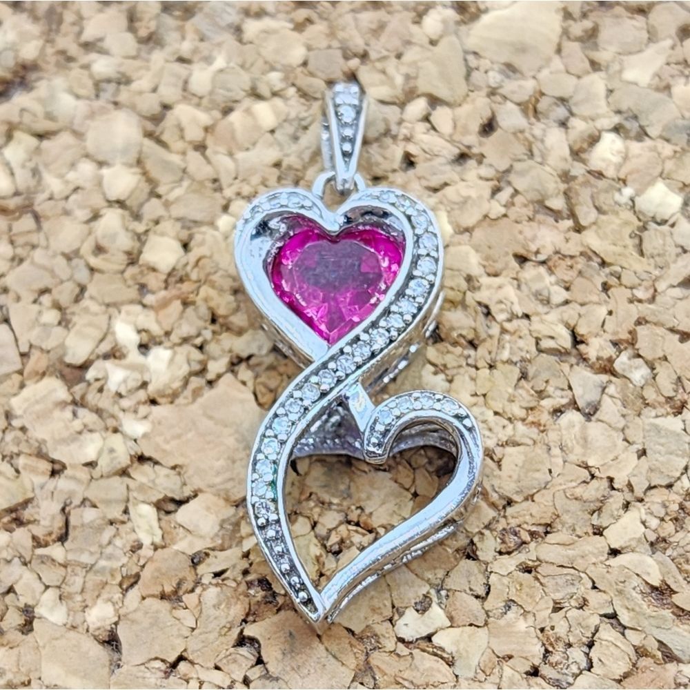 DOUBLE PINK CZ HEART 925 STERLING SILVER PENDANT